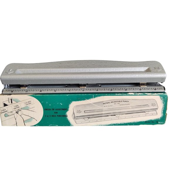 Vtg Mutual Adjustable Hand Punch No 20 Original Box Metal 2 or 3 Hole Made USA - Picture 1 of 16